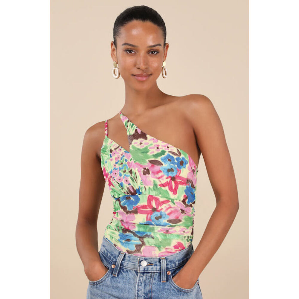 NWT Lulus Anahera Green Floral Mesh Cutout One-shoulder Bodysuit - Size L